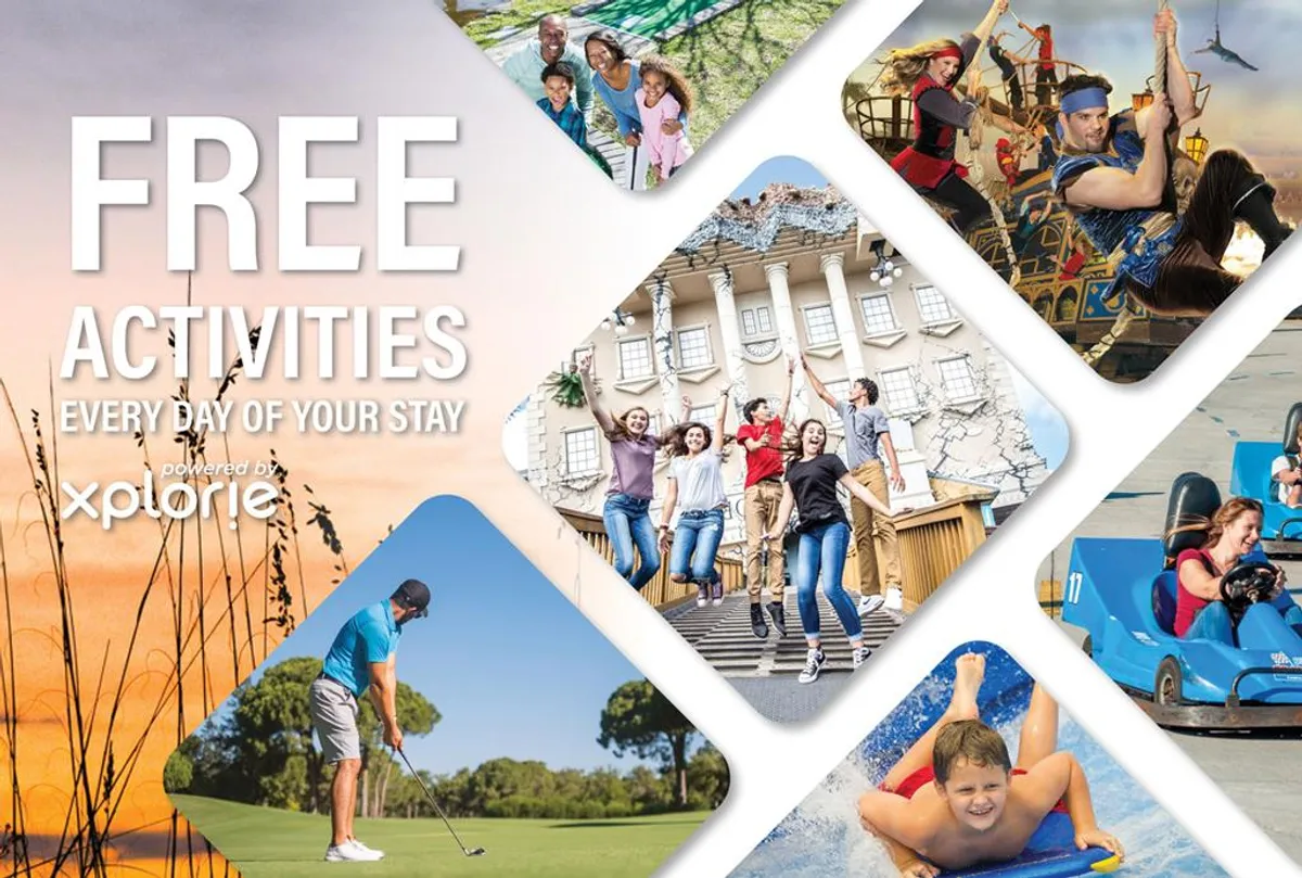 A vibrant exterior scene featuring families enjoying a variety of activities like golfing, water sports, amusement rides, and interactive experiences. The mood is joyful and energetic, with people making the most of Myrtle Beach's fun attractions.